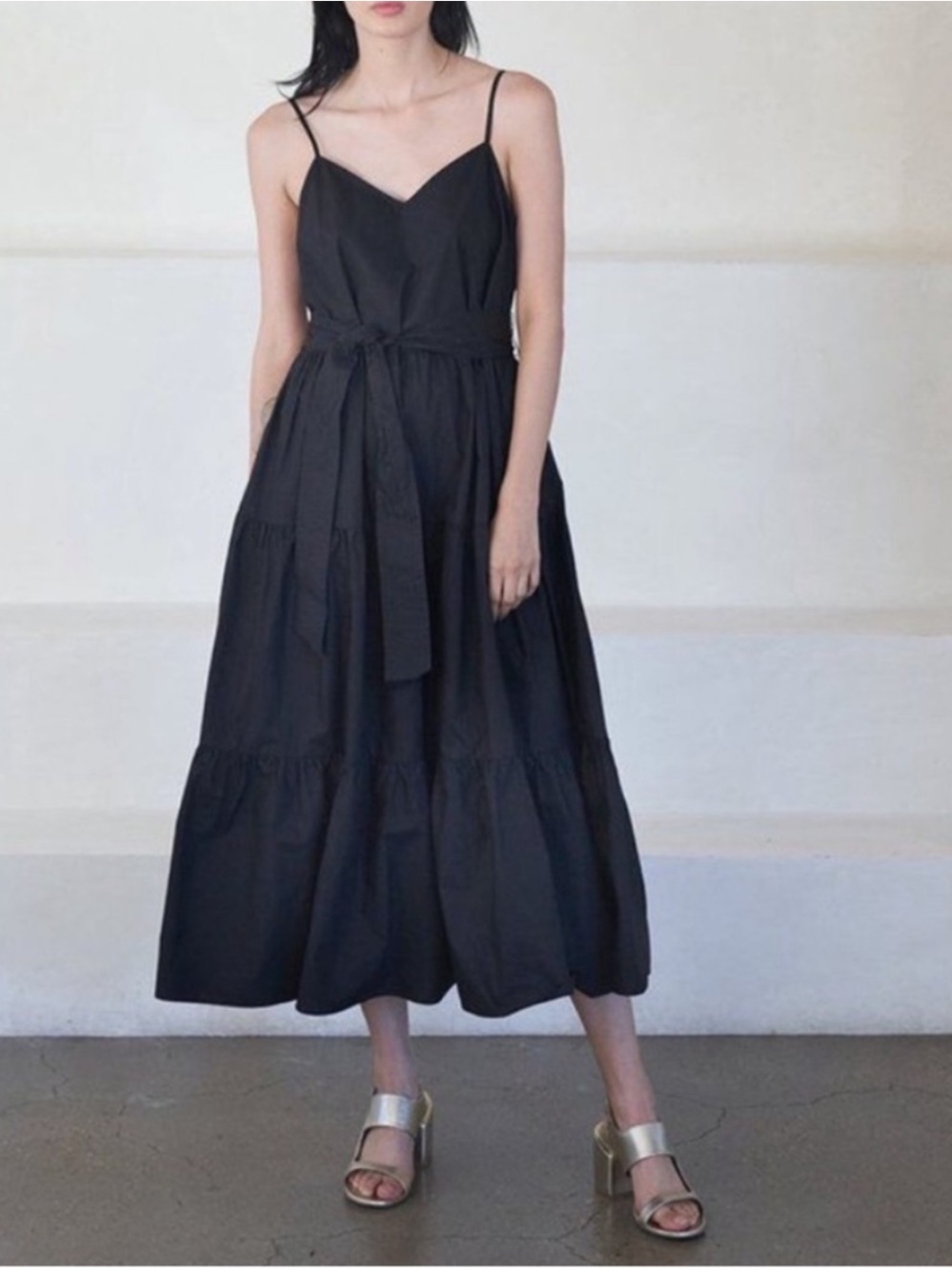 Apiece Apart Marjana Black Sleeveless V-Neck Tiered Maxi Dress with Waist Tie 6
